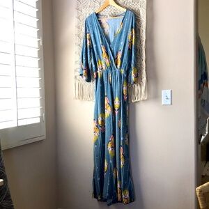 Jaase floral paisley long sleeve kimono romper/ jumpsuit  W/plunge neck …